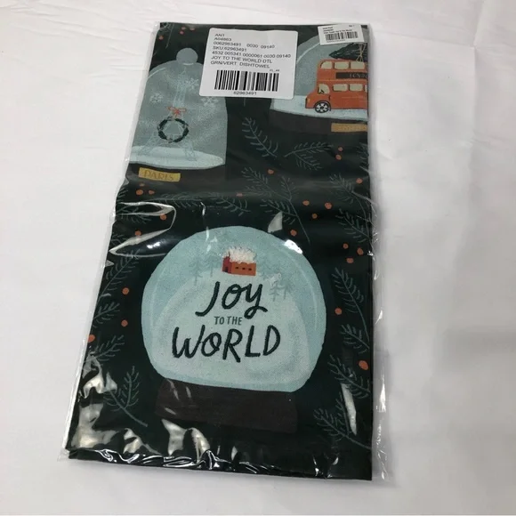 Anthropologie Christmas Holiday Green Dish Towel Joy World Snow Globe New in Pkg - Picture 3 of 9